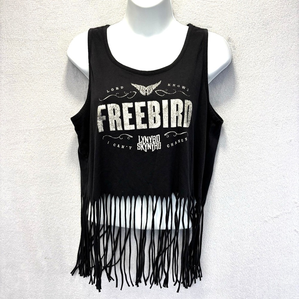 Lynyrd Skynyrd Freebird Fringe Tank Top Womens Large Black Cropped Boho Festival